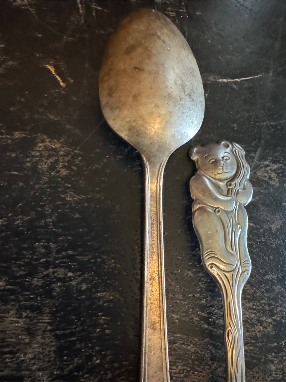 Vintage Oneida Silver-Tone Teddy Bear Handle Spoon and Rodger’s teaspoon